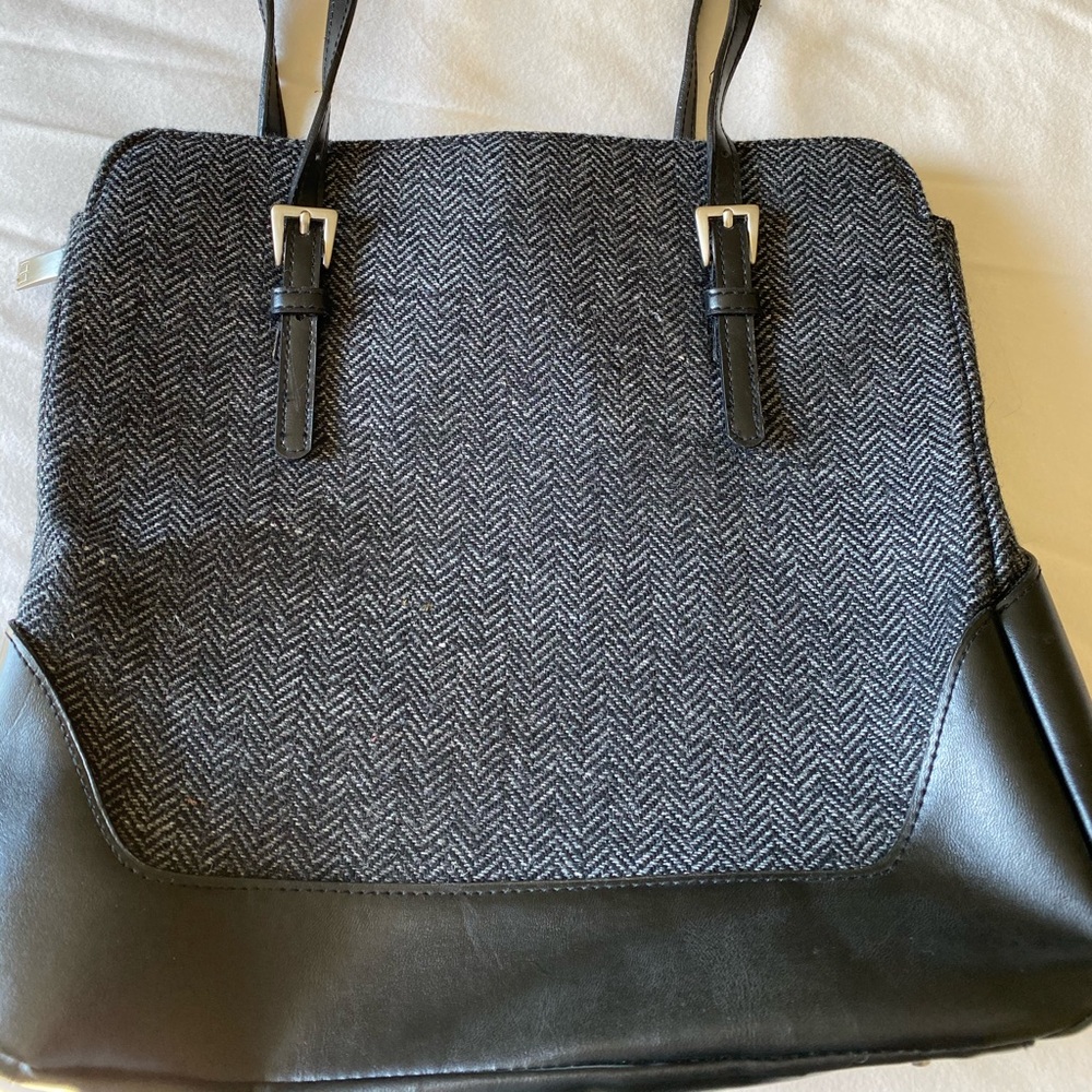 Houndstooth tweed and faux black leather purse